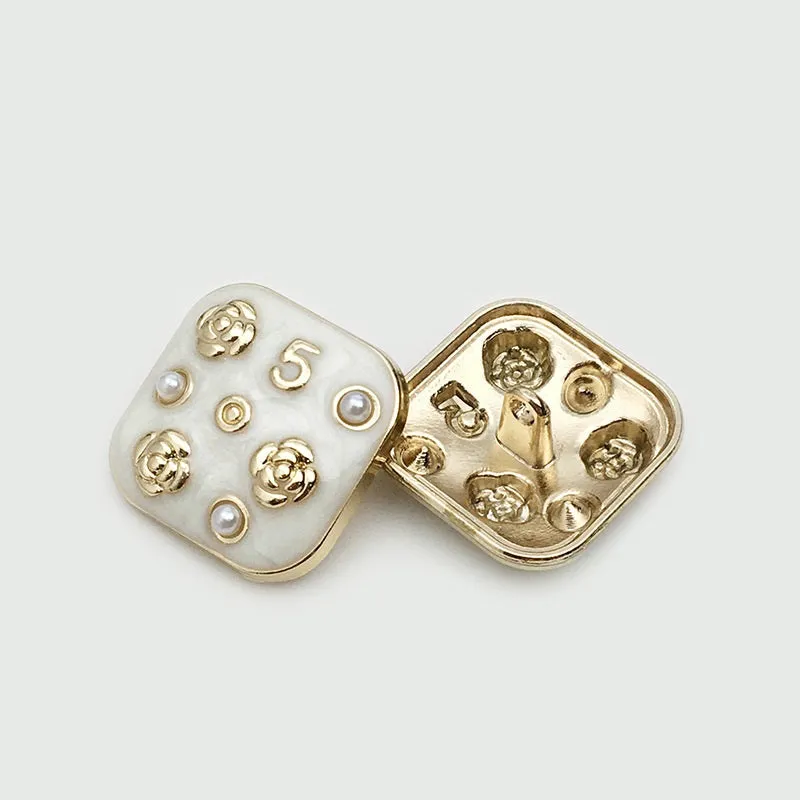 10/16/21mm Square Metal Buttons Number 5 Flower Pearl 12pcs