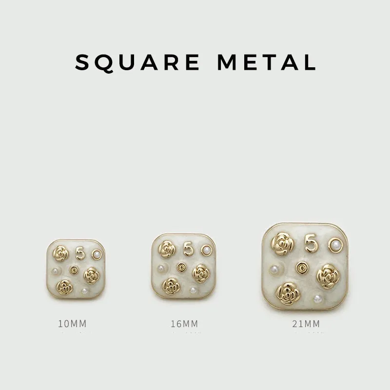 10/16/21mm Square Metal Buttons Number 5 Flower Pearl 12pcs