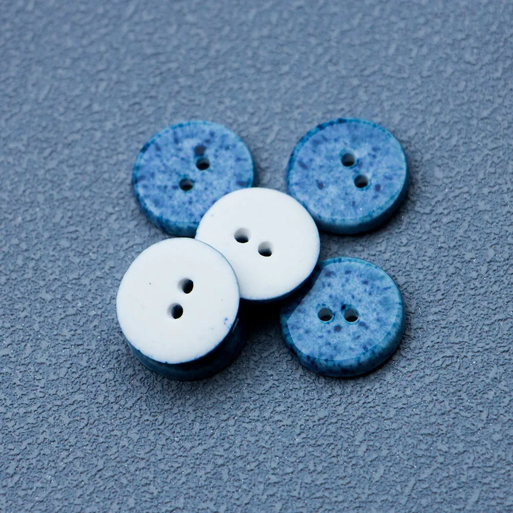 14mm Deep Blue Round 2-Hole Handmade Ceramic Buttons 10pcs