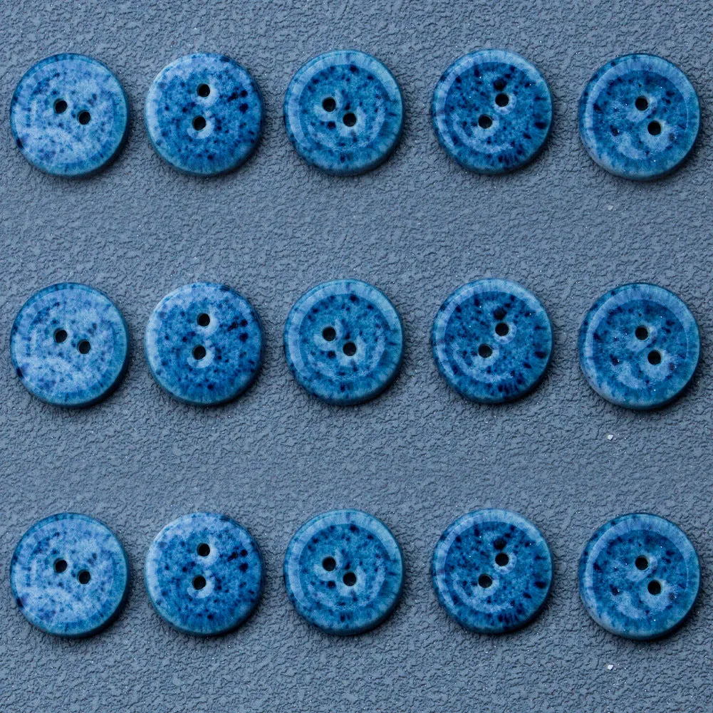14mm Deep Blue Round 2-Hole Handmade Ceramic Buttons 10pcs