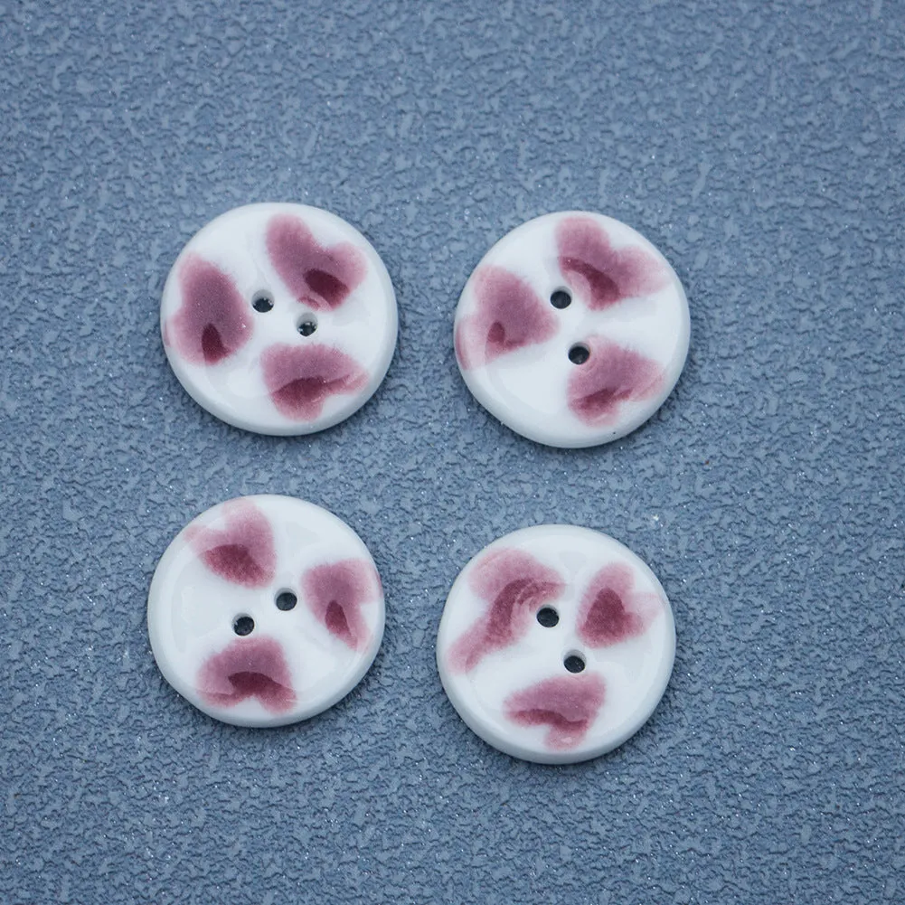 16mm Round 2 Hole Hand Painted Purple Red Heart Pattern Ceramic Buttons 6pcs