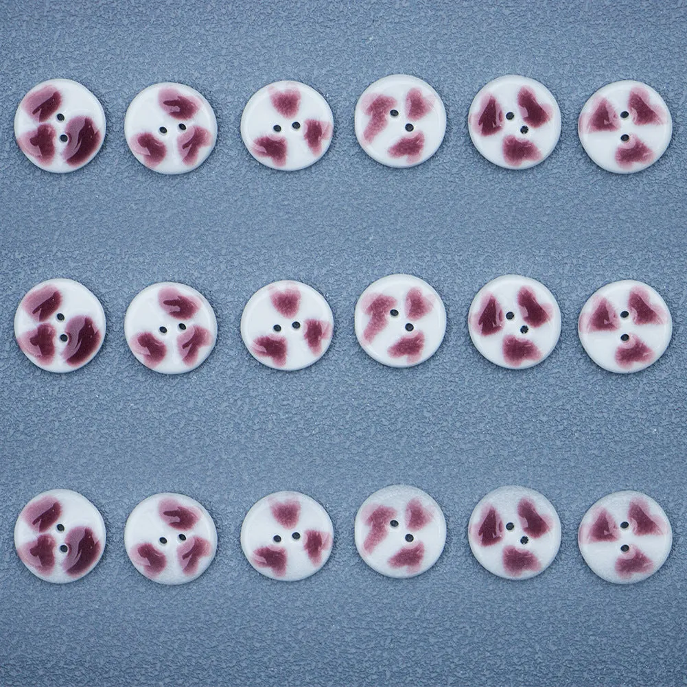 16mm Round 2 Hole Hand Painted Purple Red Heart Pattern Ceramic Buttons 6pcs