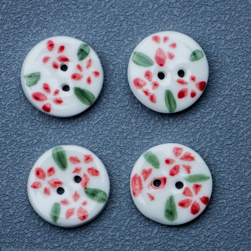 19.5mm Round 2 Hole Handmade Ceramic Buttons with Red Flowers 6PCS