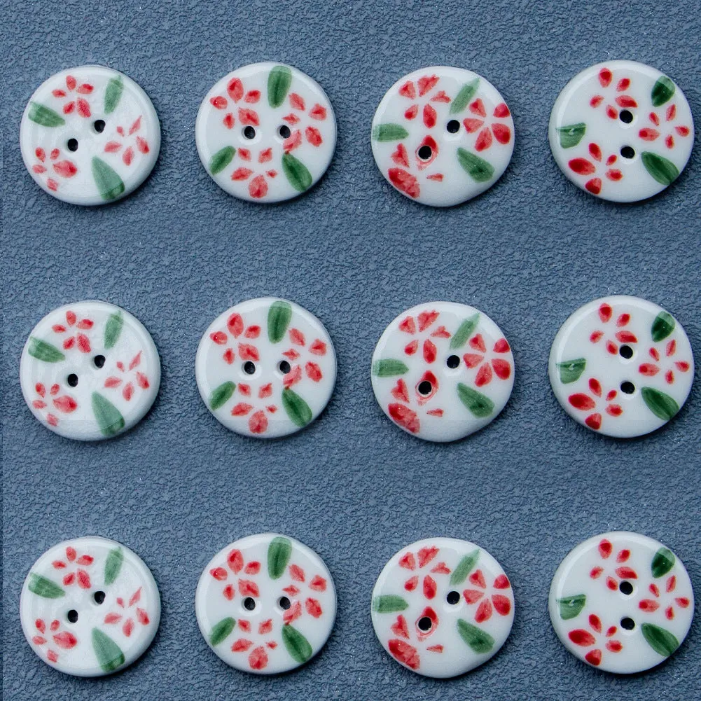 19.5mm Round 2 Hole Handmade Ceramic Buttons with Red Flowers 6PCS