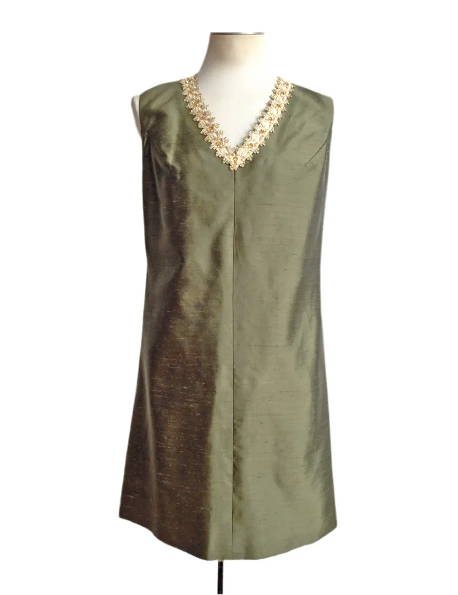 1960s Cocktail Dress Green Silk Dupioni