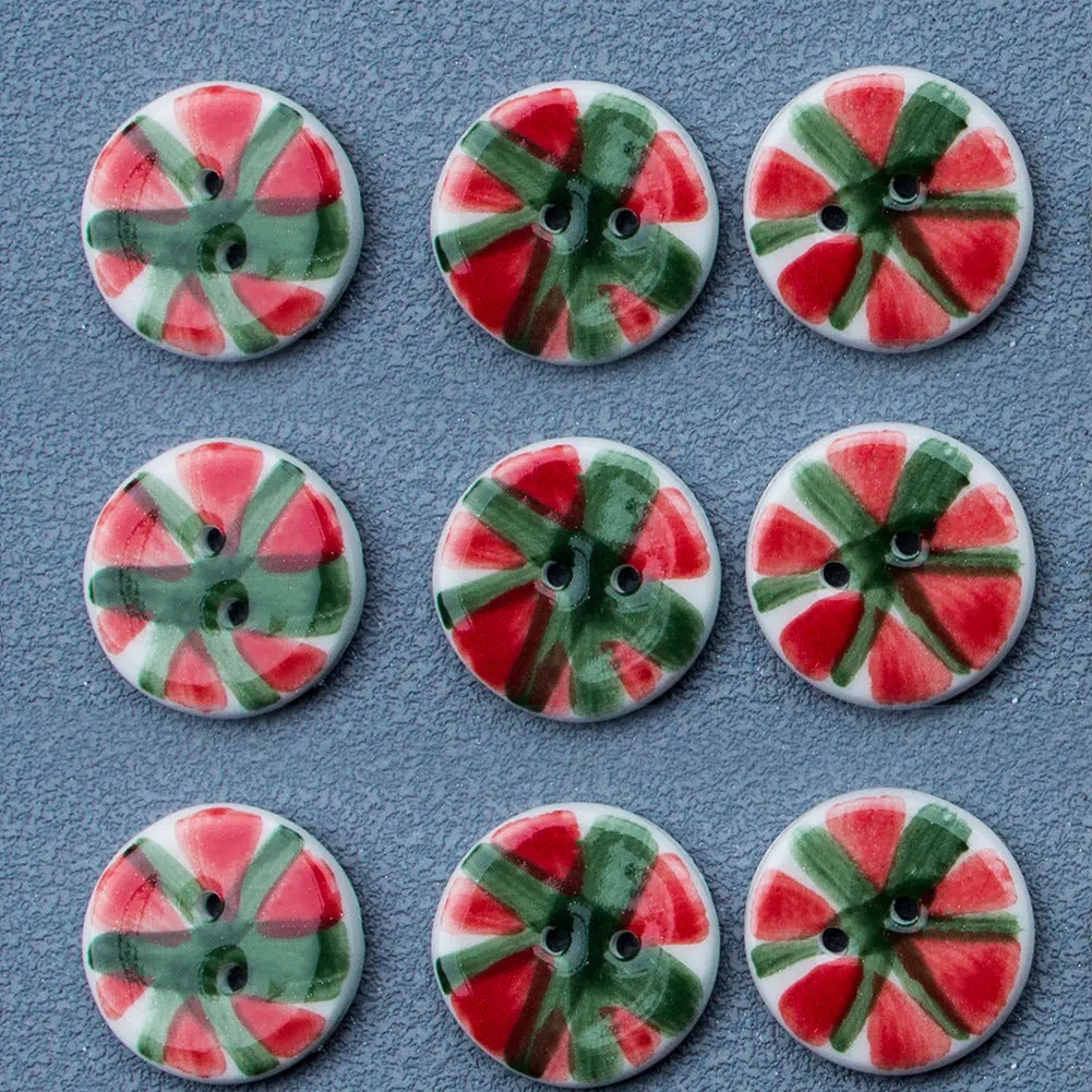20mm Red and Green Vintage Round Watermelon 2 Hole Ceramic Buttons 10pcs