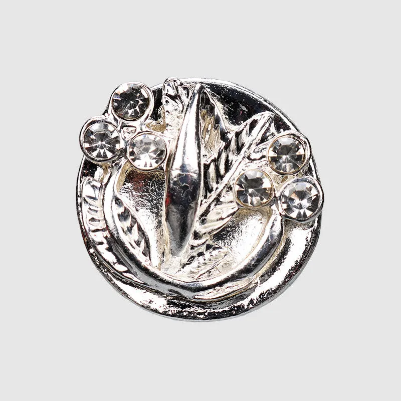 21mm Round Silver Leaf Shaped Rhinestone Metal Shank Buttons 6pcs