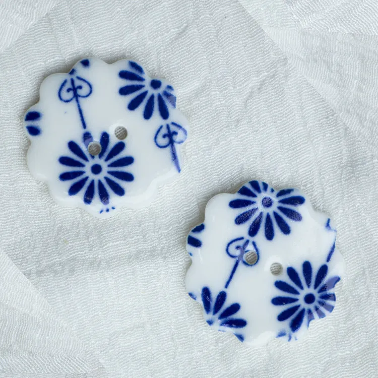 30mm 2-Hole Handmade DIY Ceramic Buttons Blue and White Flower Pattern 10pcs