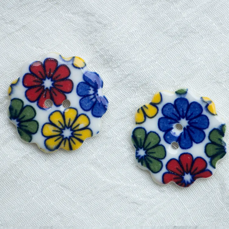 30mm 2-Hole Handmade DIY Ceramic Buttons Blue and White Flower Pattern 10pcs