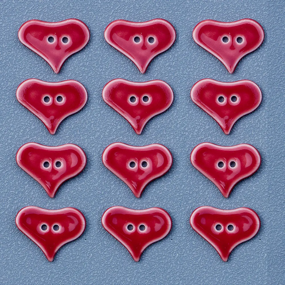 30mm Red Heart Shaped 2-Hole Handmade Ceramic Decorative Buttons 6pcs