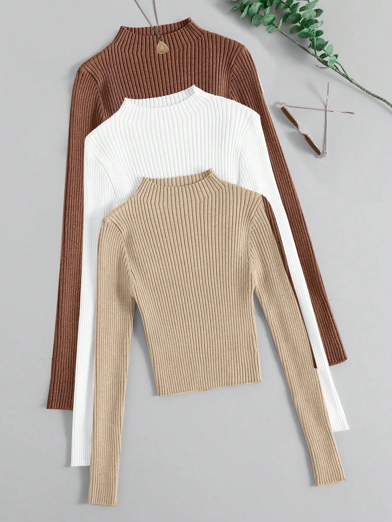 3pcs Mock Neck Ribbed Knit Sweater
