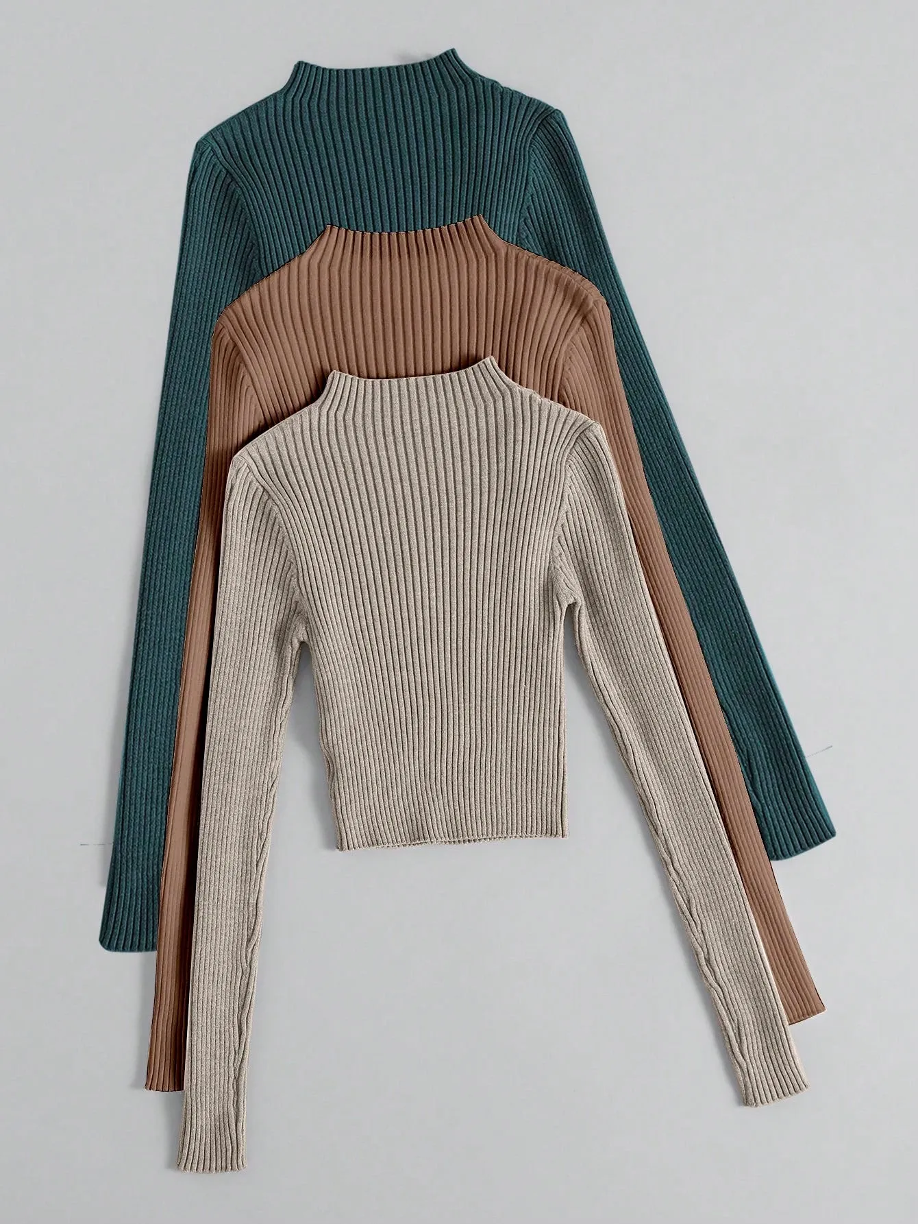 3pcs Mock Neck Ribbed Knit Sweater