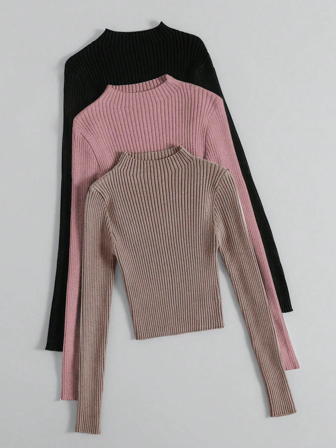 3pcs Mock Neck Ribbed Knit Sweater