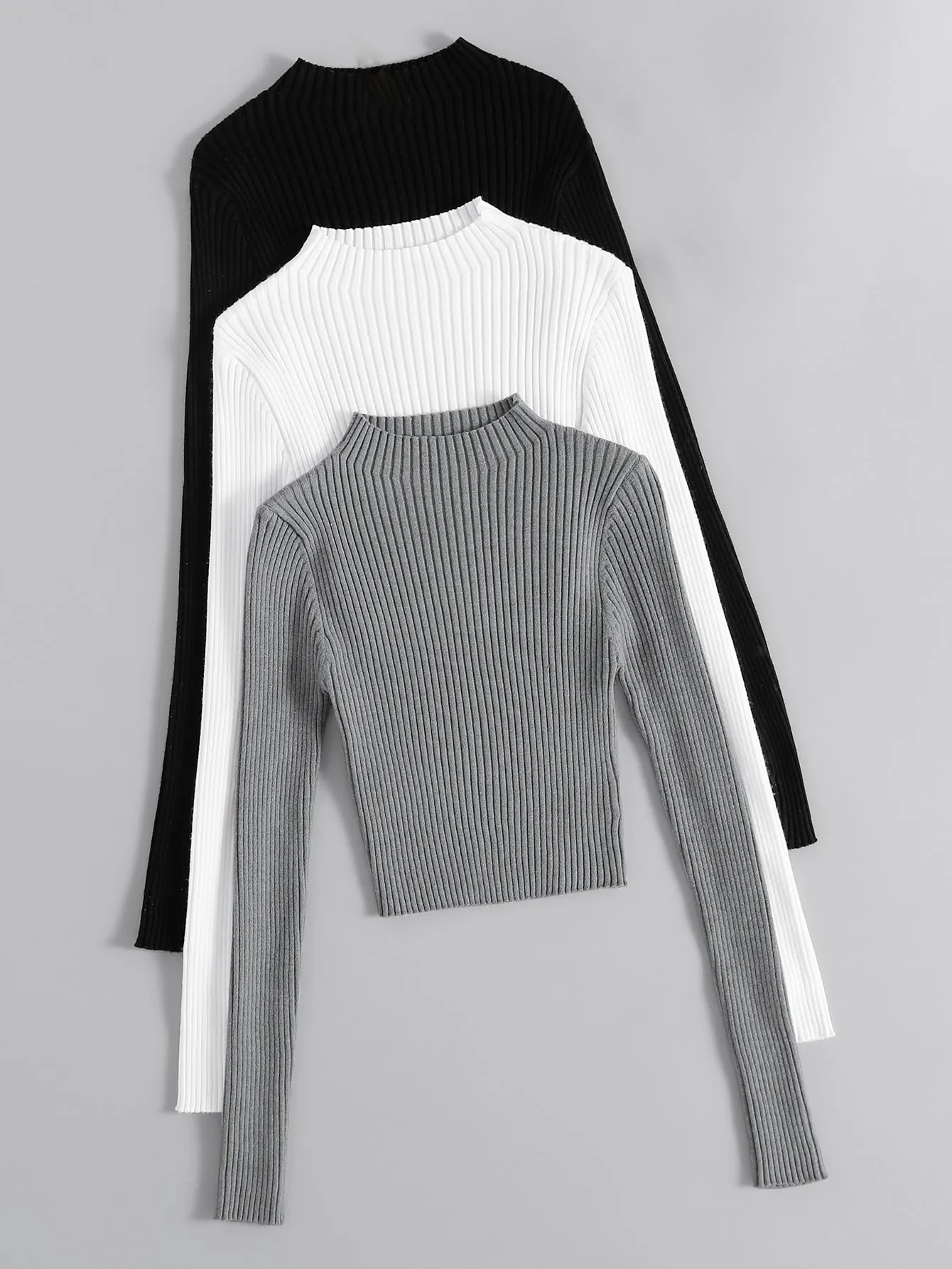 3pcs Mock Neck Ribbed Knit Sweater