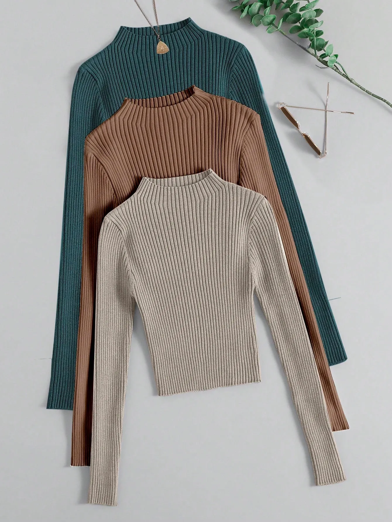 3pcs Mock Neck Ribbed Knit Sweater