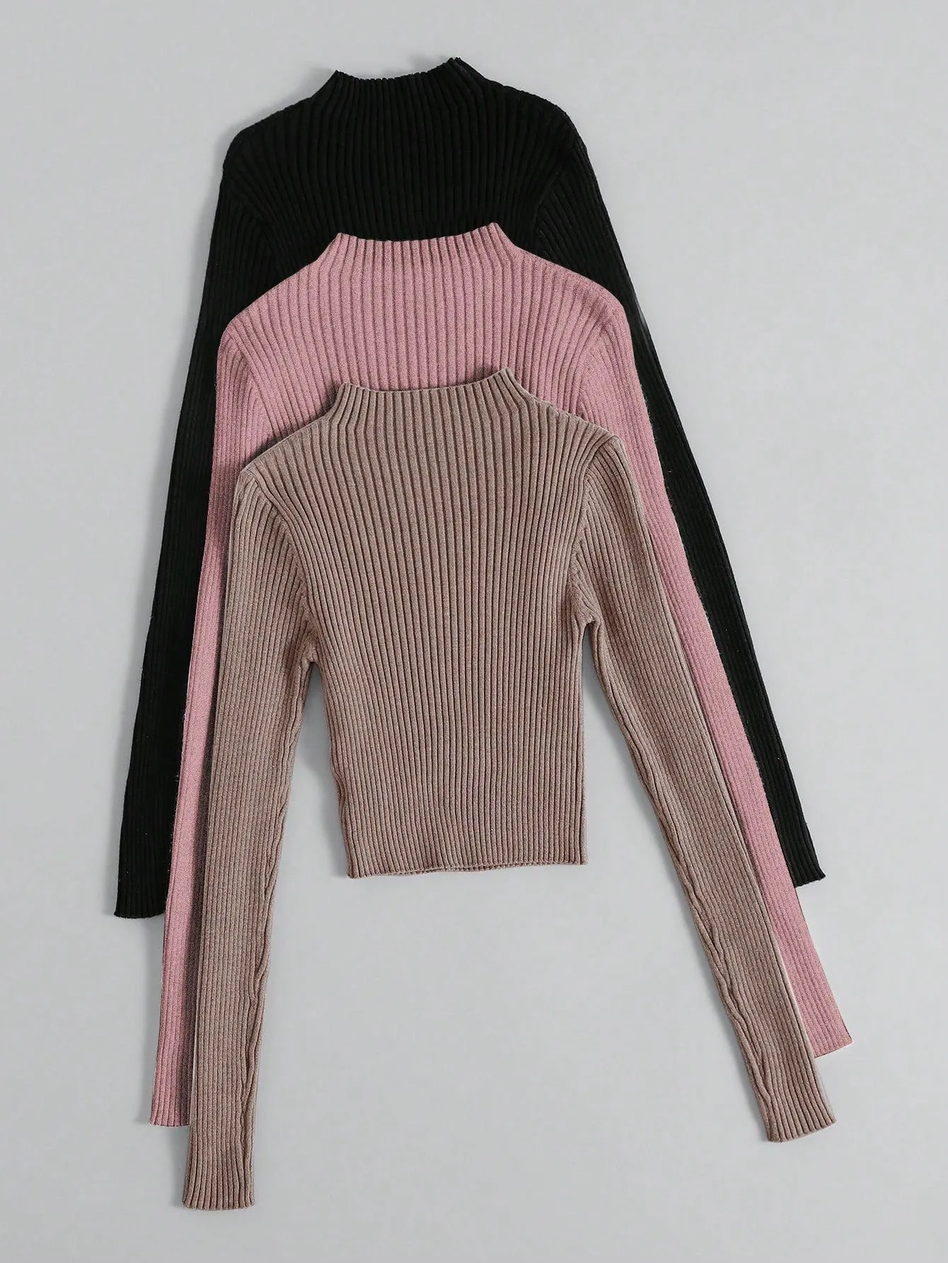 3pcs Mock Neck Ribbed Knit Sweater