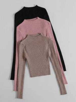3pcs Mock Neck Ribbed Knit Sweater