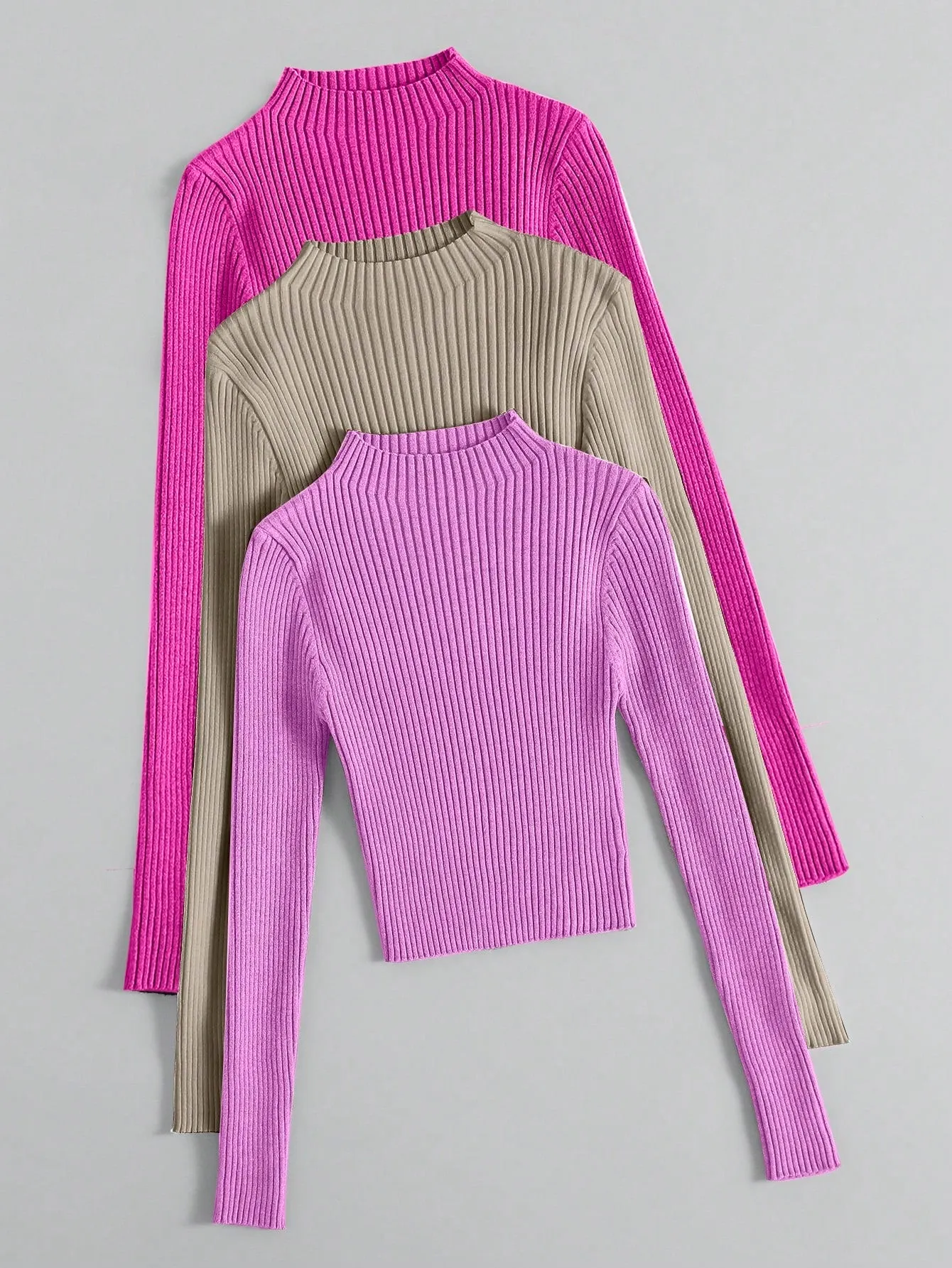 3pcs Mock Neck Ribbed Knit Sweater