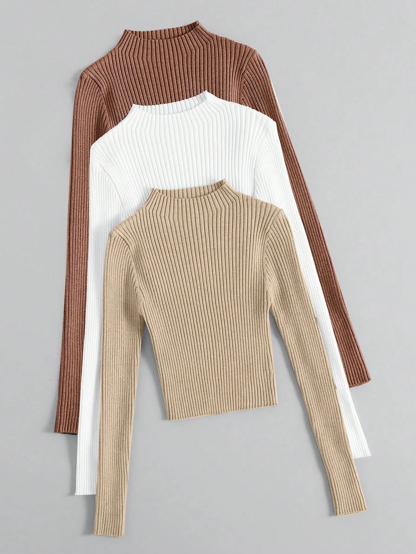 3pcs Mock Neck Ribbed Knit Sweater