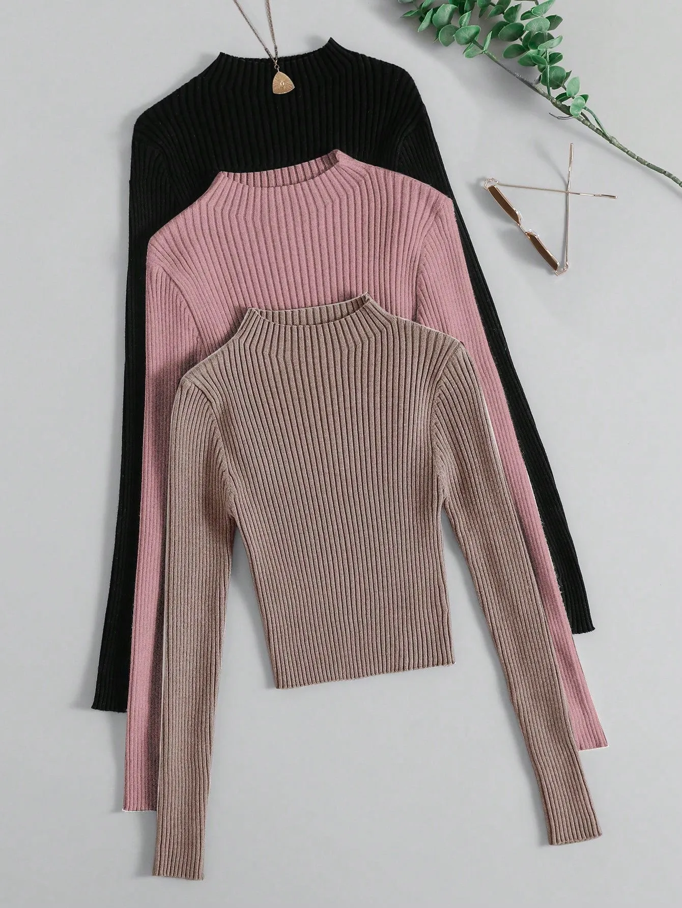 3pcs Mock Neck Ribbed Knit Sweater
