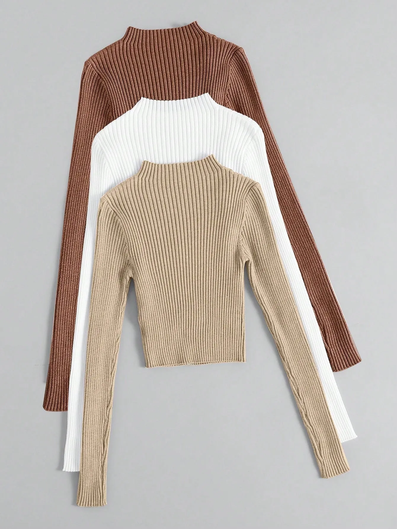3pcs Mock Neck Ribbed Knit Sweater