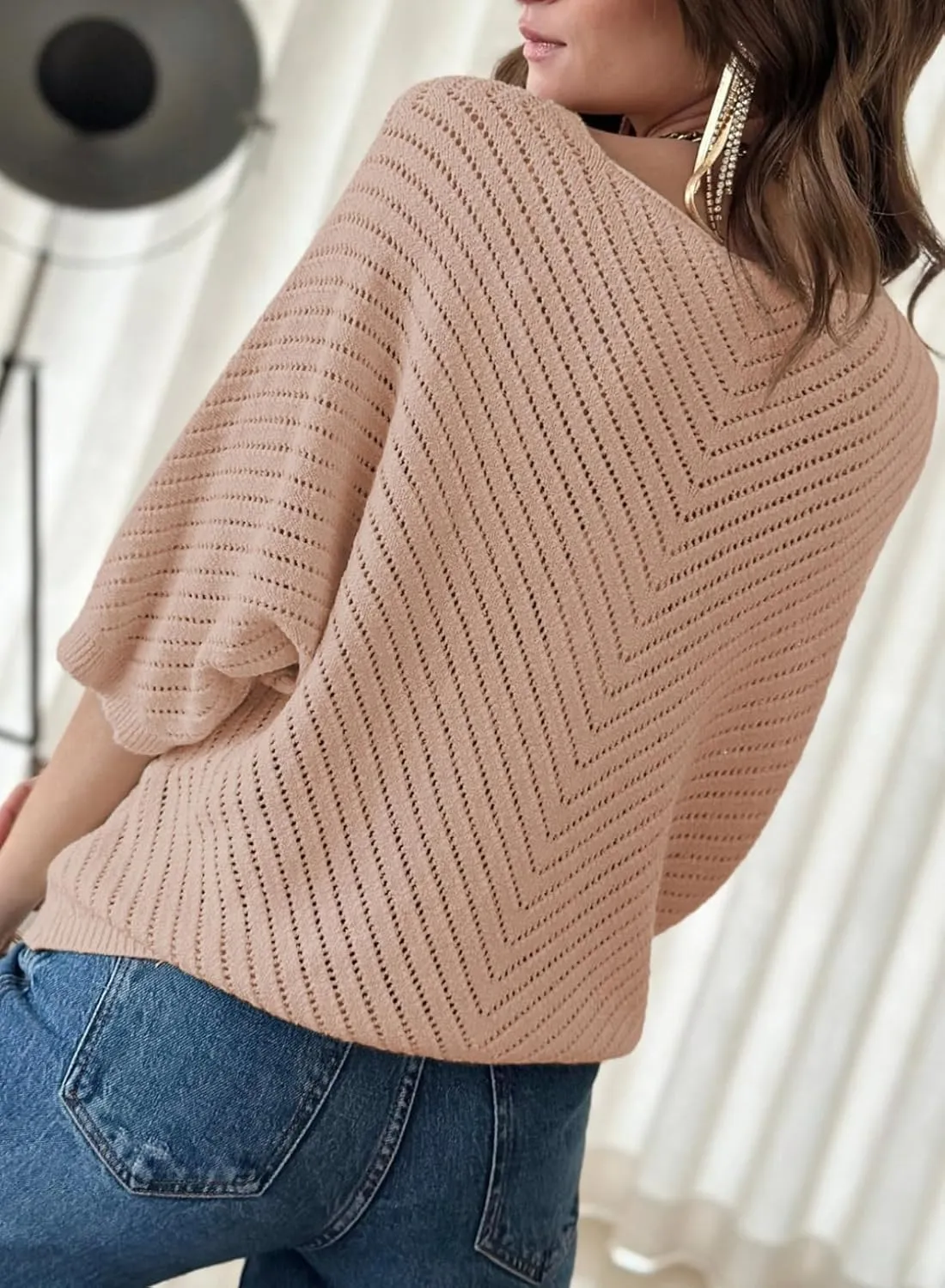 #52 Dokotoo 3/4 Sleeve V Neck Loose Pullover Sweater- Size Small