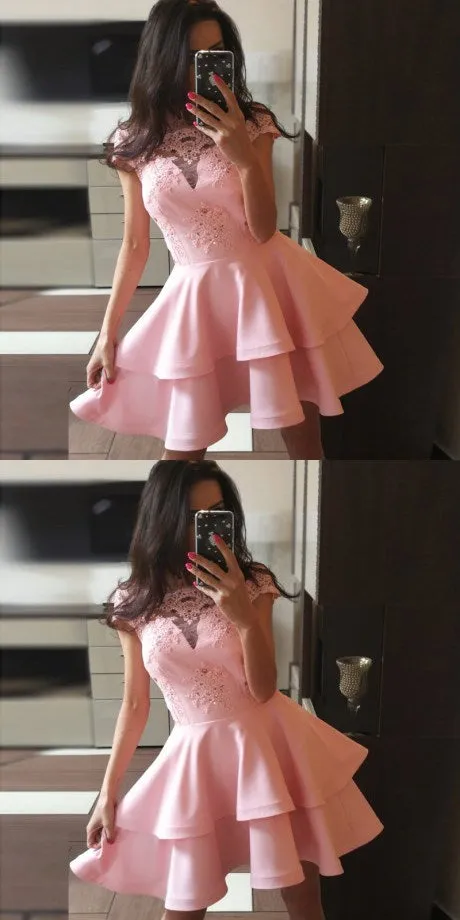 A-Line Cute Cheap Cap Sleeves Short Pink Junior Modest Homecoming Dresses, BD0241