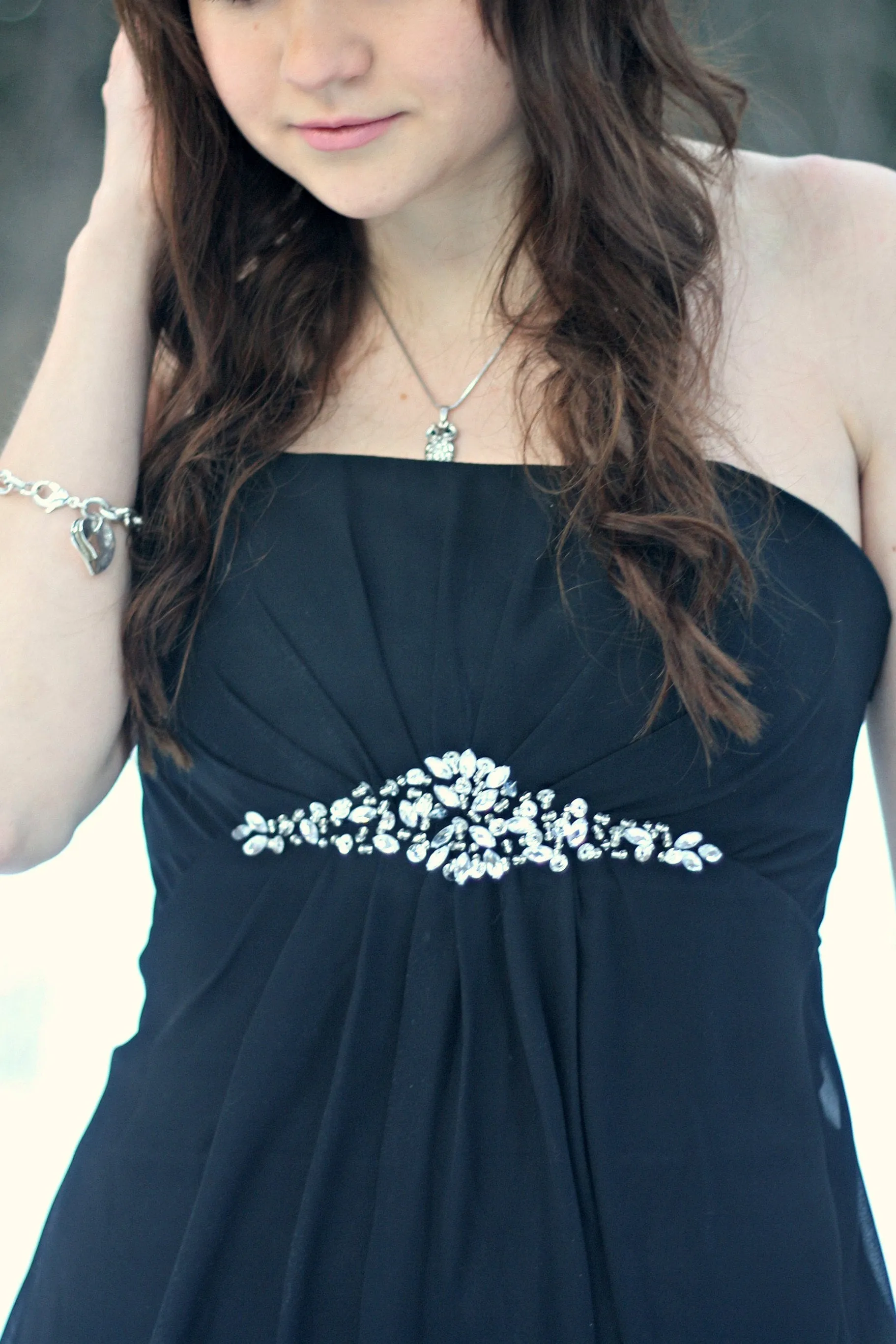 A-line Strapless Floor Length Tulle Rhinestone Backless Prom Dress