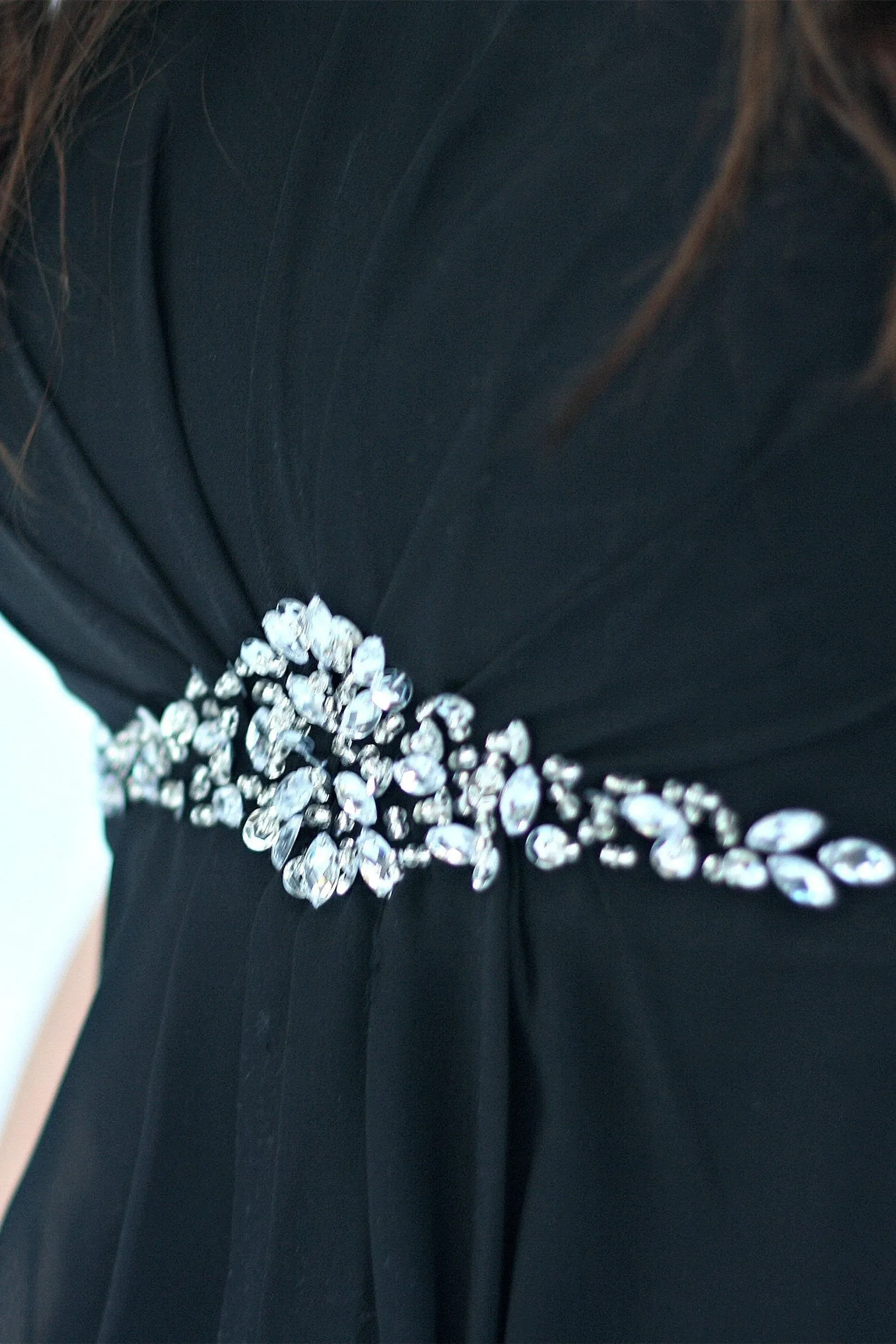 A-line Strapless Floor Length Tulle Rhinestone Backless Prom Dress