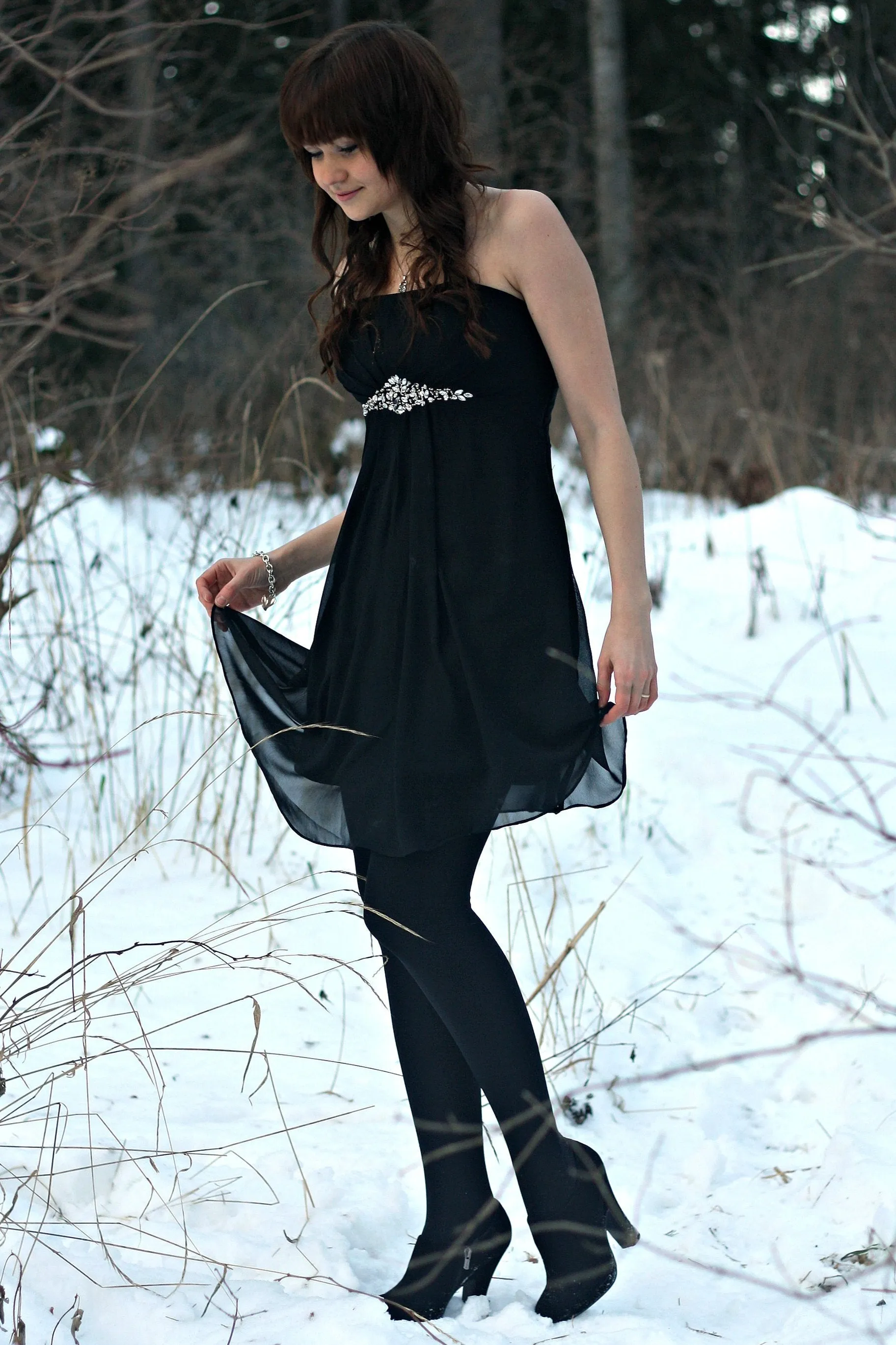 A-line Strapless Floor Length Tulle Rhinestone Backless Prom Dress