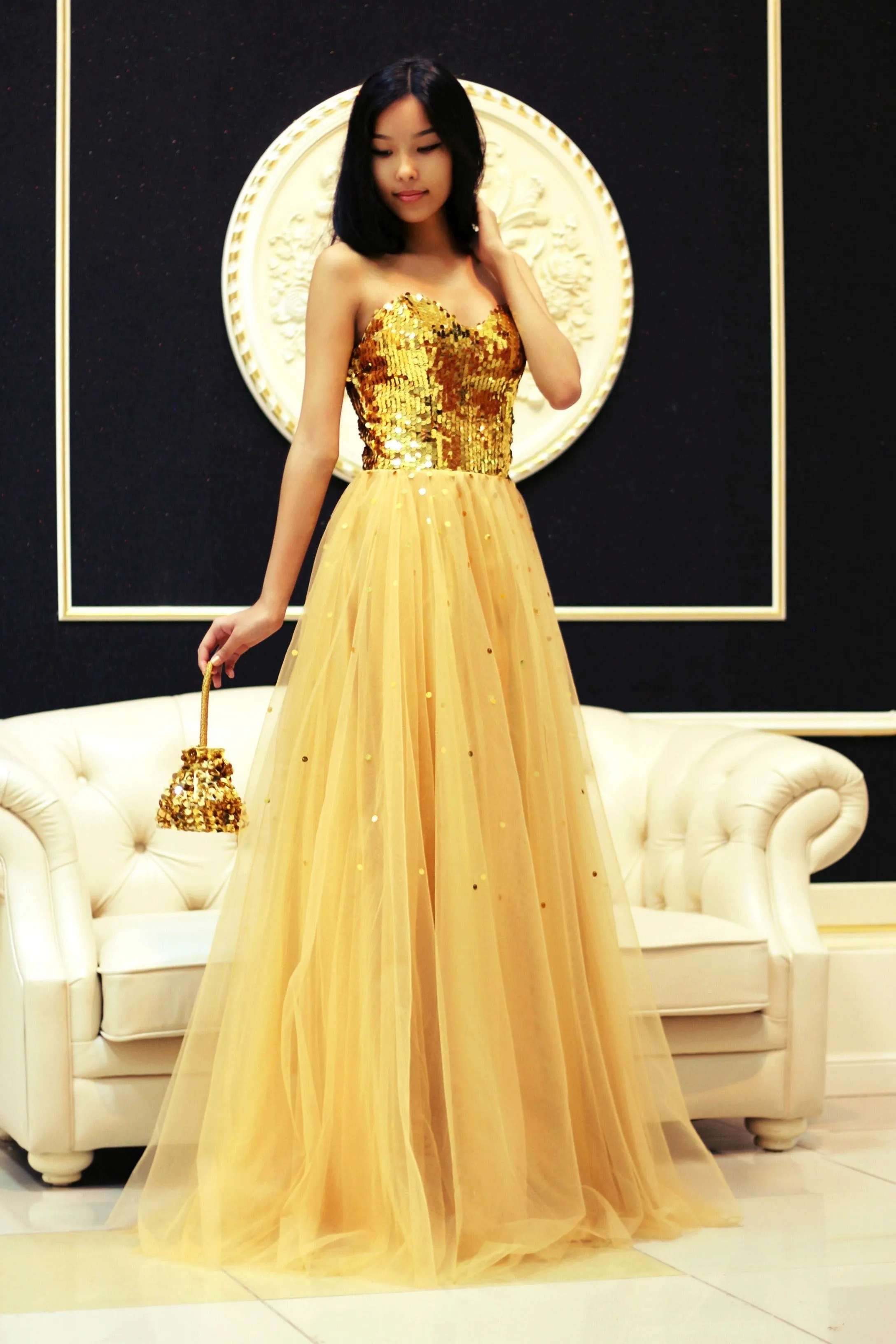 A-line Sweetheart Floor Length Tulle Paillette Prom Dress