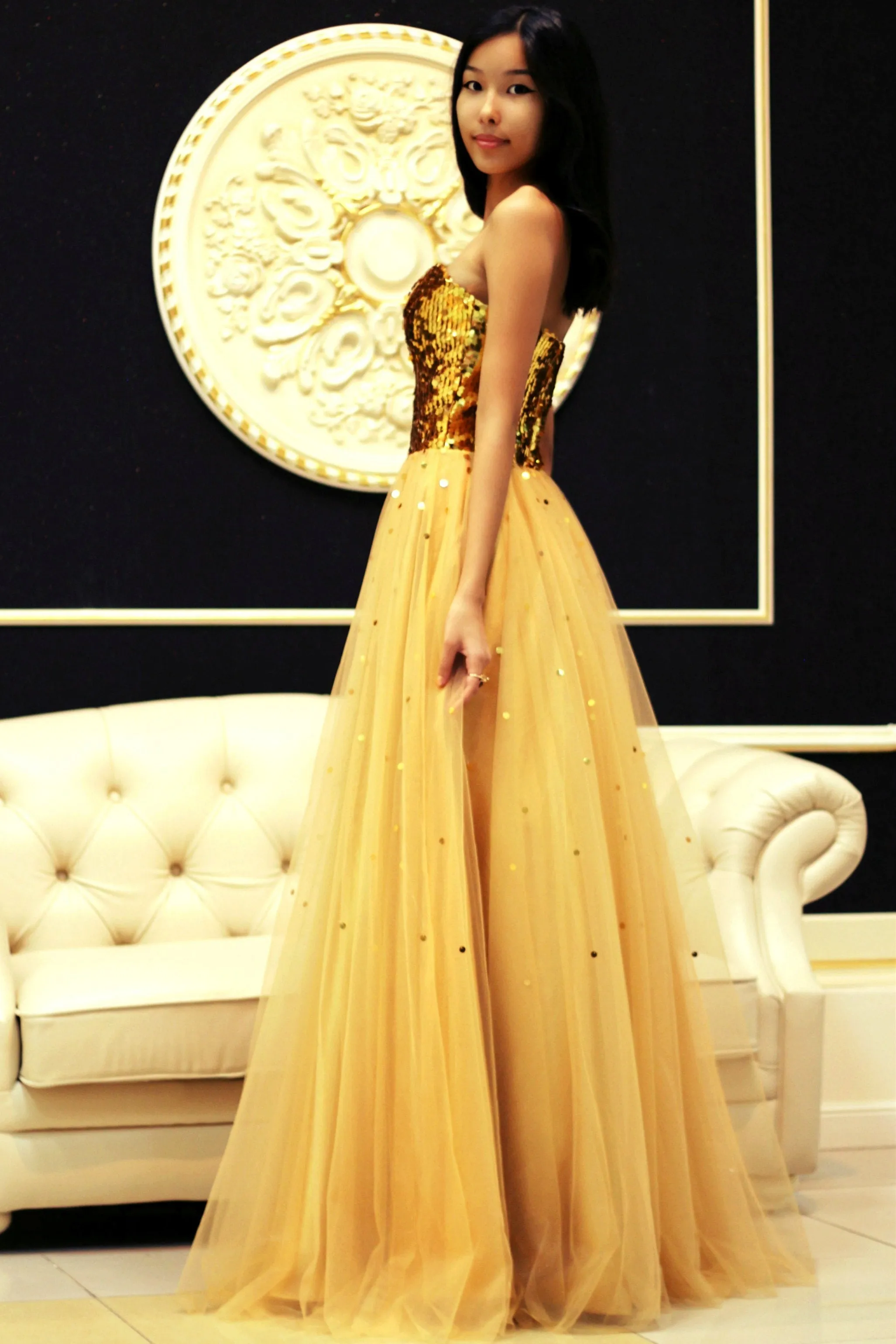 A-line Sweetheart Floor Length Tulle Paillette Prom Dress