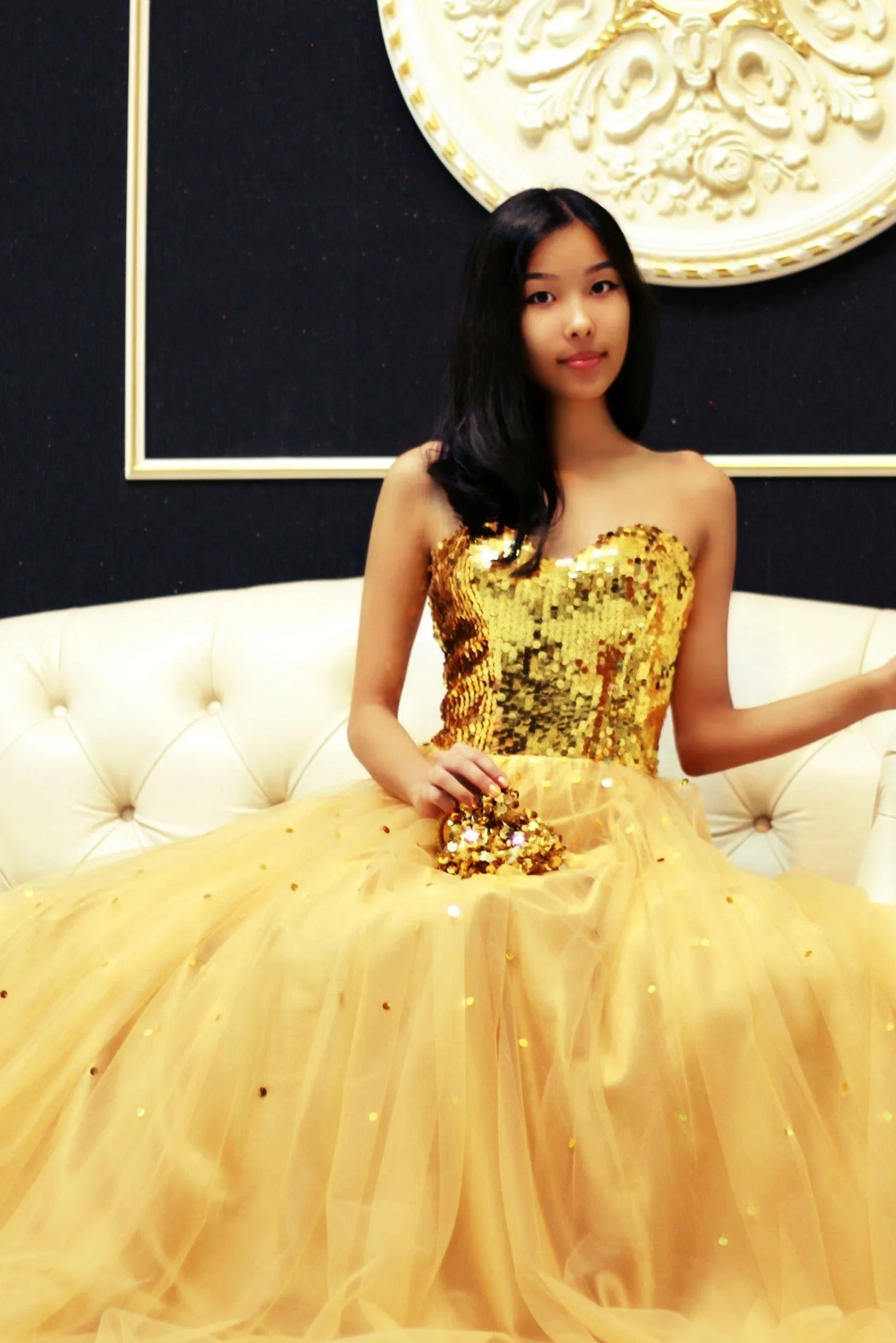 A-line Sweetheart Floor Length Tulle Paillette Prom Dress