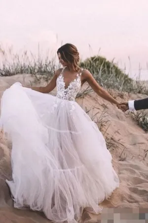 A-line Tulle Skirt Bridal Dress with Lace V-neckline