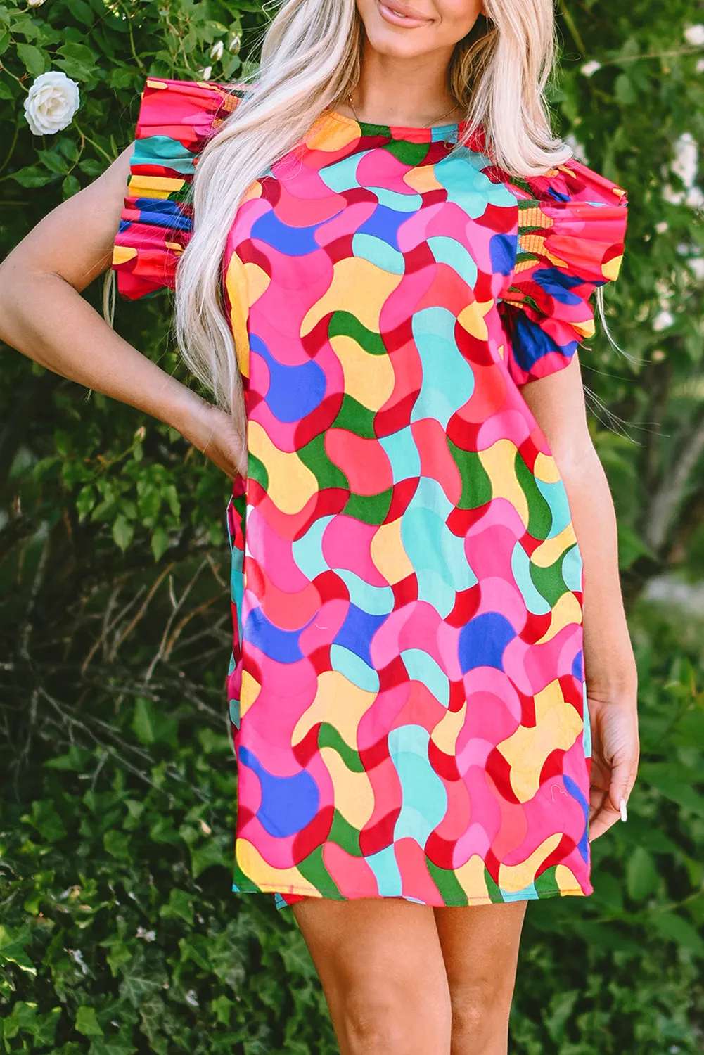 Abstract Print Mini Shift Dress with Ruffle Sleeves