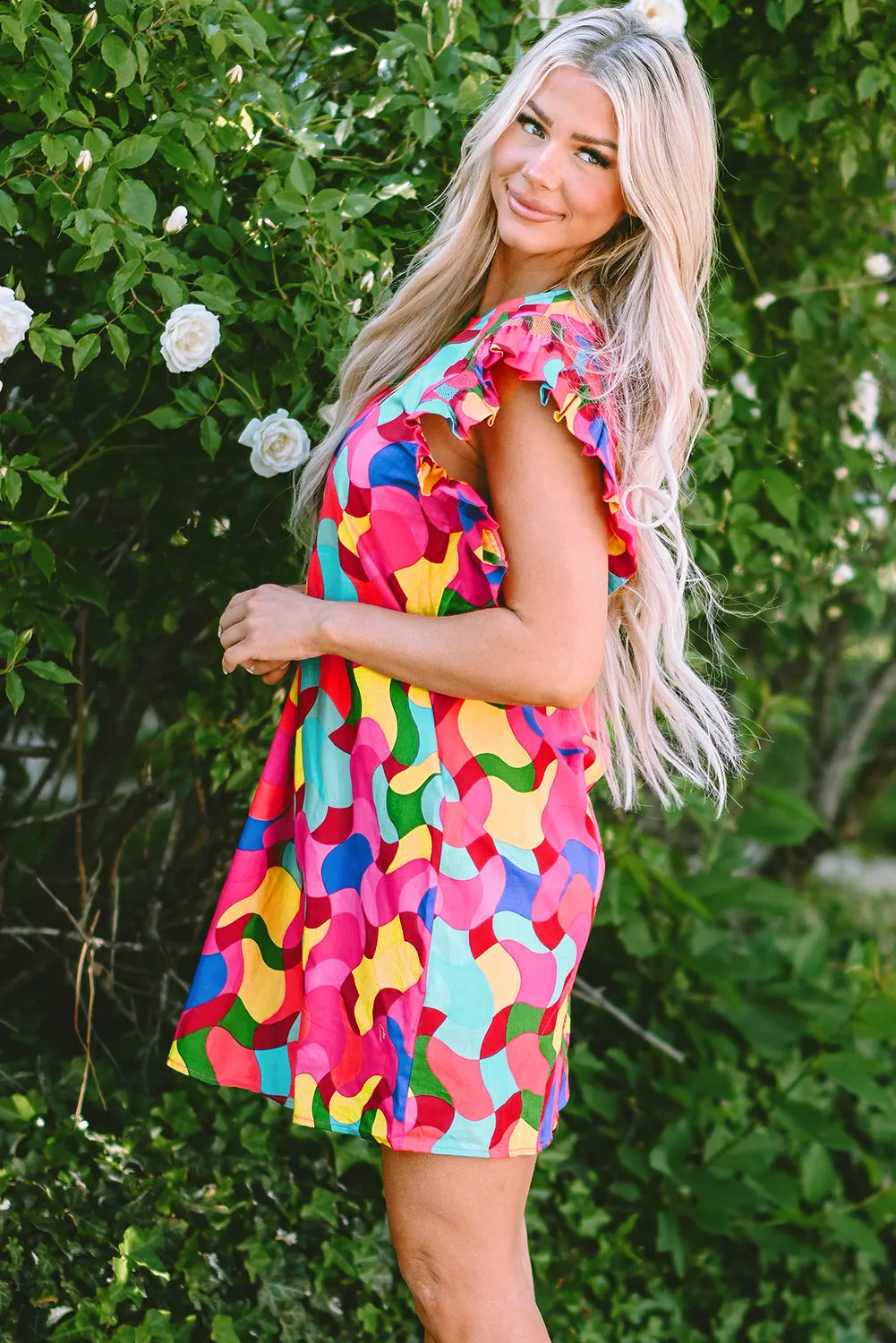 Abstract Print Mini Shift Dress with Ruffle Sleeves