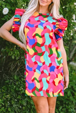 Abstract Print Mini Shift Dress with Ruffle Sleeves