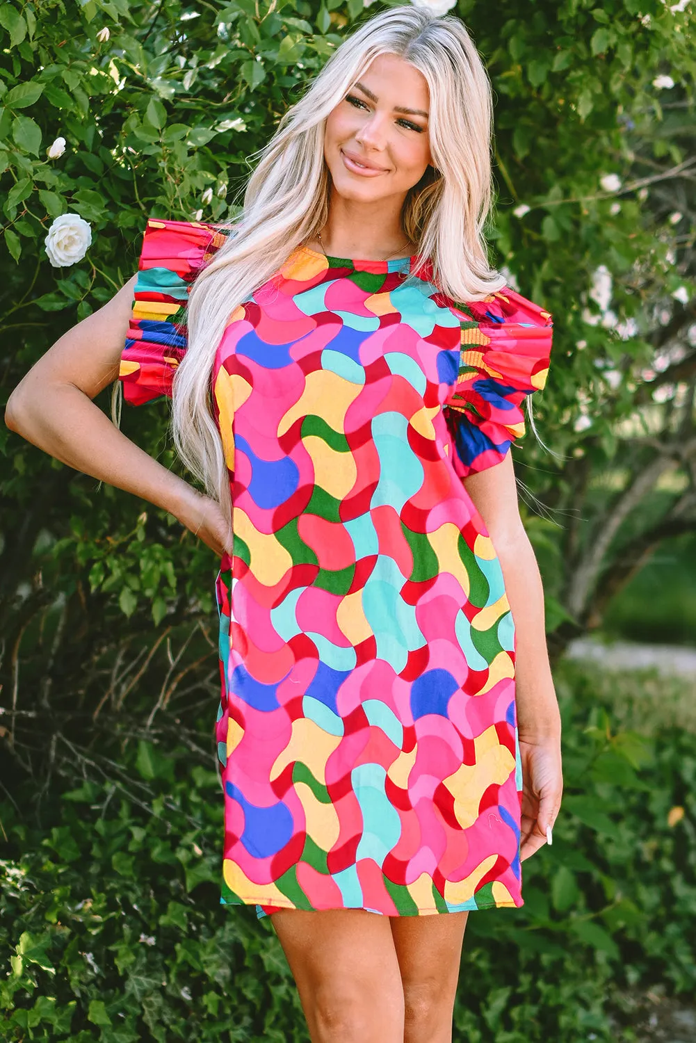 Abstract Print Mini Shift Dress with Ruffle Sleeves