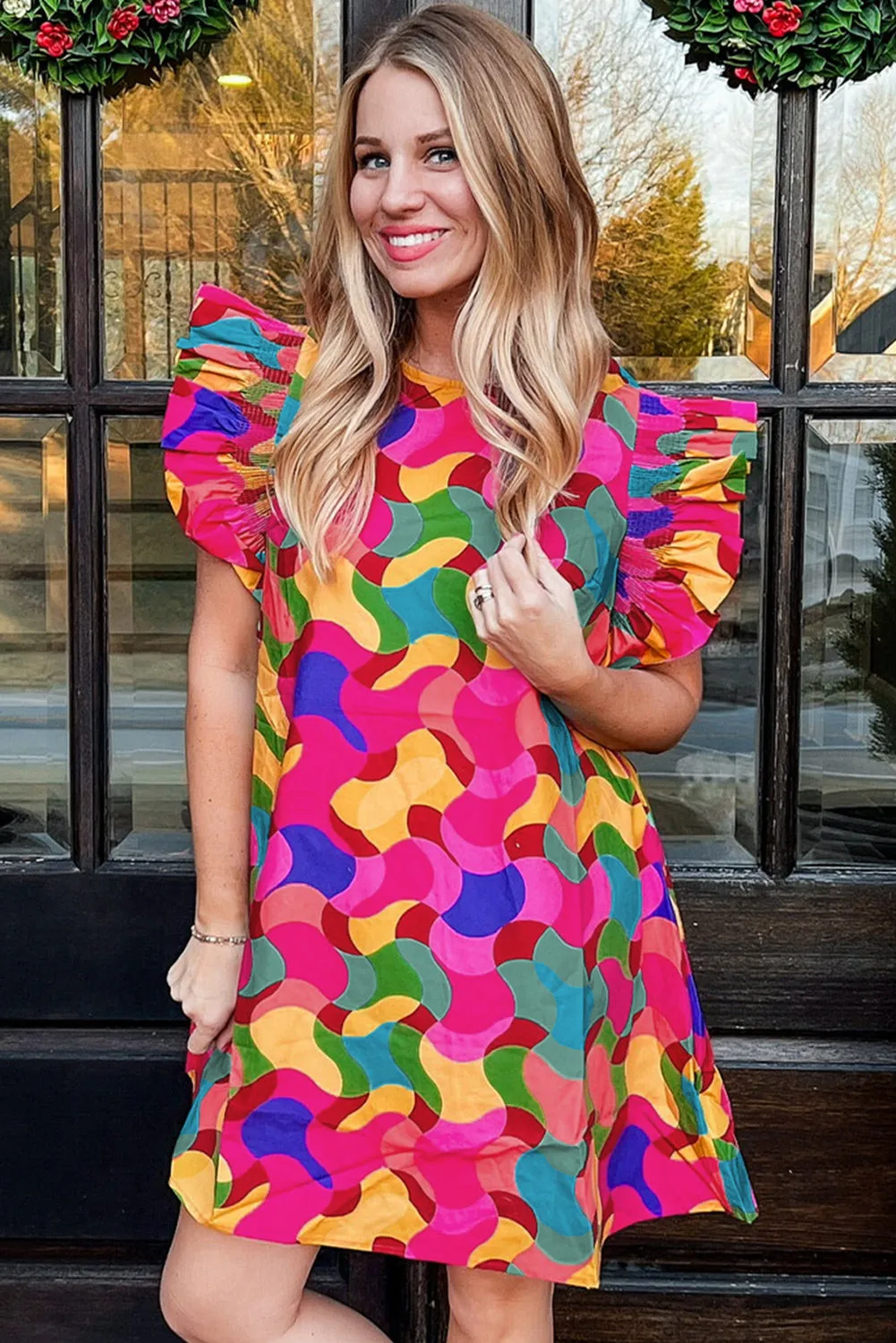 Abstract Print Mini Shift Dress with Ruffle Sleeves