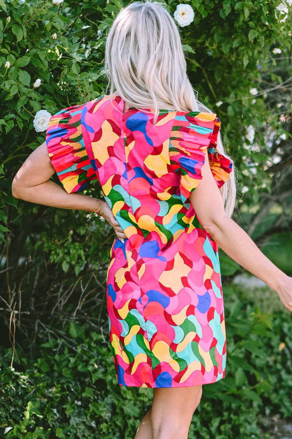 Abstract Print Mini Shift Dress with Ruffle Sleeves