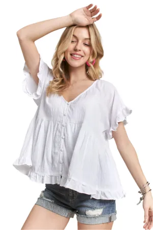 ADORA Button Down Ruffled Babydoll Blouse