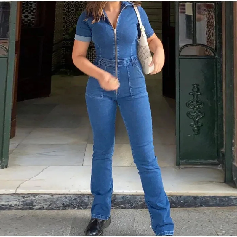 ADVBRIDGE  -  Vintage Denim Jumpsuits Women Slim Laple Zipper Short Sleeve Pockets Belt Female Bodysuit 2025 Summer Fashion Lady Streetwears