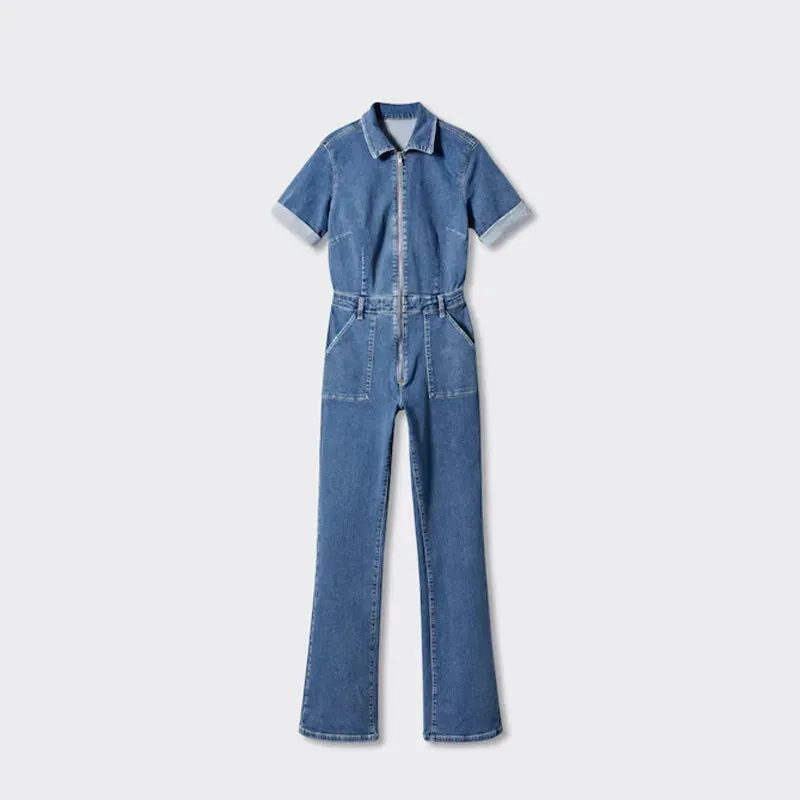 ADVBRIDGE  -  Vintage Denim Jumpsuits Women Slim Laple Zipper Short Sleeve Pockets Belt Female Bodysuit 2025 Summer Fashion Lady Streetwears