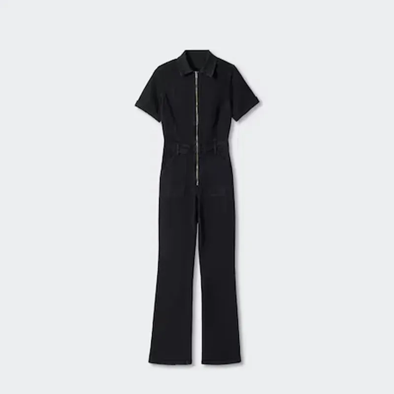 ADVBRIDGE  -  Vintage Denim Jumpsuits Women Slim Laple Zipper Short Sleeve Pockets Belt Female Bodysuit 2025 Summer Fashion Lady Streetwears
