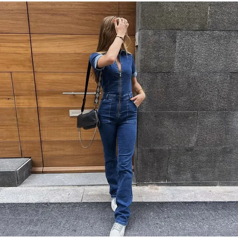 ADVBRIDGE  -  Vintage Denim Jumpsuits Women Slim Laple Zipper Short Sleeve Pockets Belt Female Bodysuit 2025 Summer Fashion Lady Streetwears