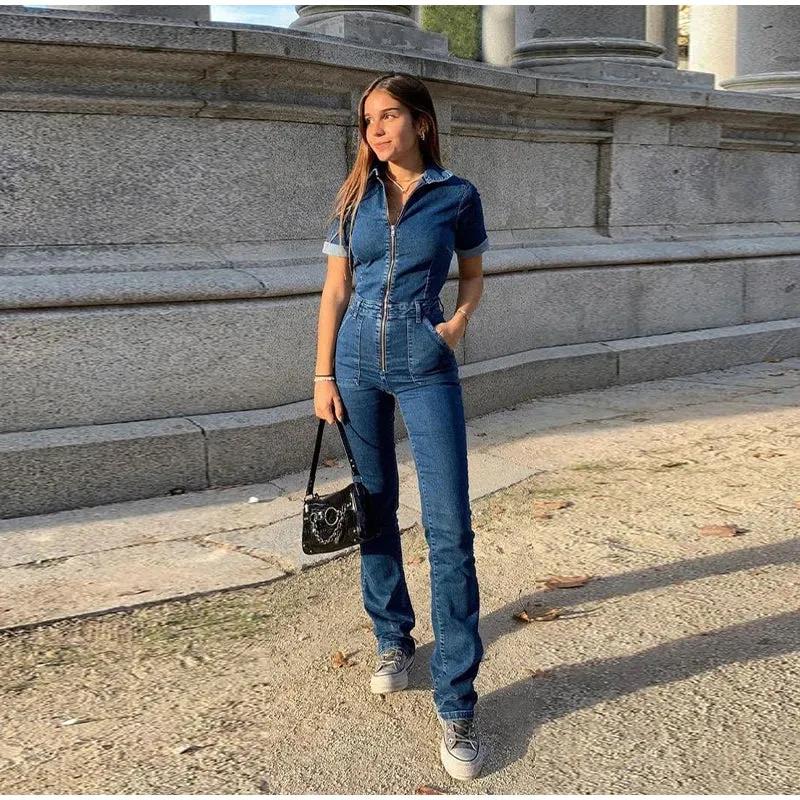 ADVBRIDGE  -  Vintage Denim Jumpsuits Women Slim Laple Zipper Short Sleeve Pockets Belt Female Bodysuit 2025 Summer Fashion Lady Streetwears
