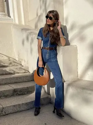 ADVBRIDGE  -  Vintage Denim Jumpsuits Women Slim Laple Zipper Short Sleeve Pockets Belt Female Bodysuit 2025 Summer Fashion Lady Streetwears