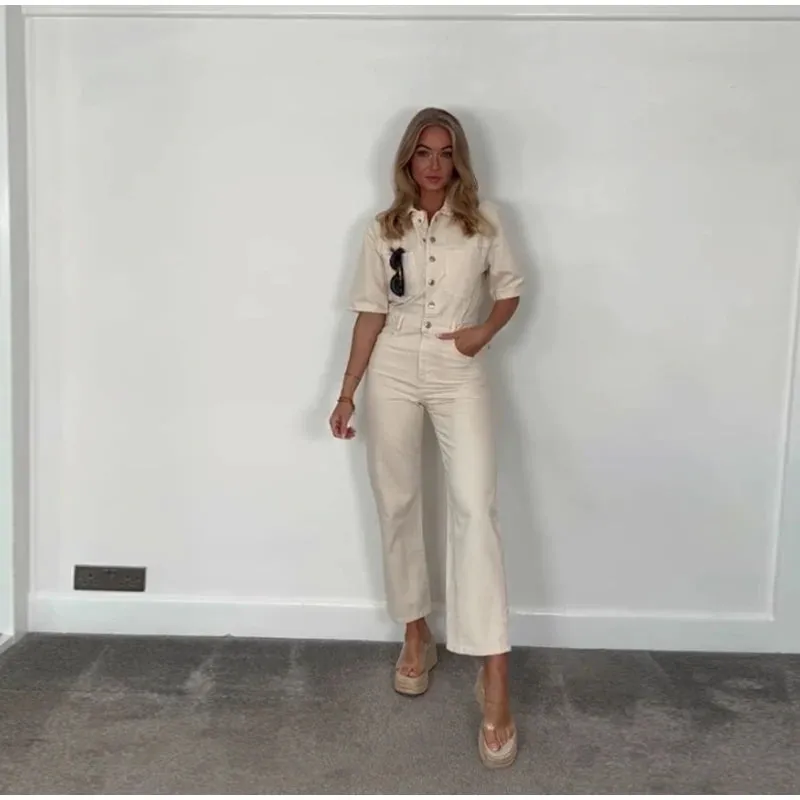 ADVBRIDGE  -  Vintage Denim Jumpsuits Women Slim Laple Zipper Short Sleeve Pockets Belt Female Bodysuit 2025 Summer Fashion Lady Streetwears
