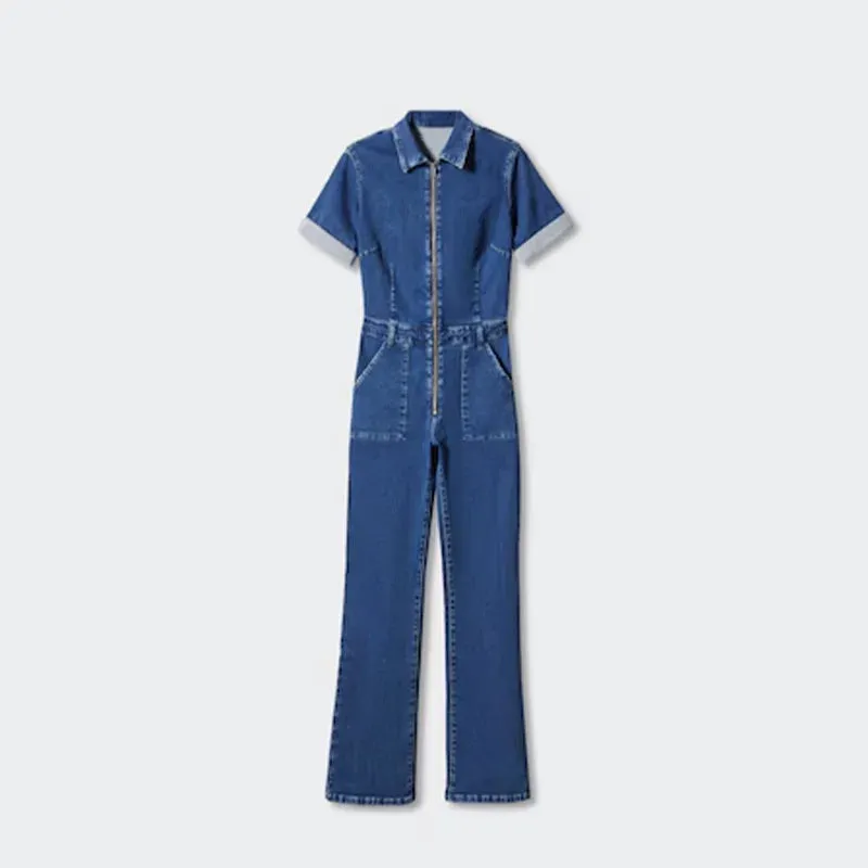 ADVBRIDGE  -  Vintage Denim Jumpsuits Women Slim Laple Zipper Short Sleeve Pockets Belt Female Bodysuit 2025 Summer Fashion Lady Streetwears