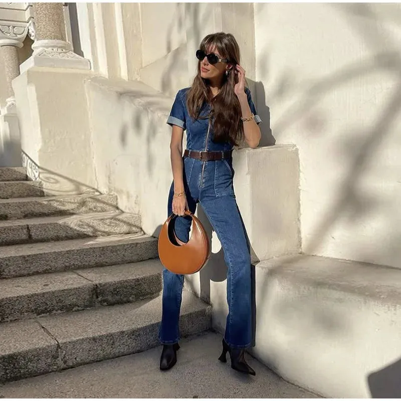 ADVBRIDGE  -  Vintage Denim Jumpsuits Women Slim Laple Zipper Short Sleeve Pockets Belt Female Bodysuit 2025 Summer Fashion Lady Streetwears
